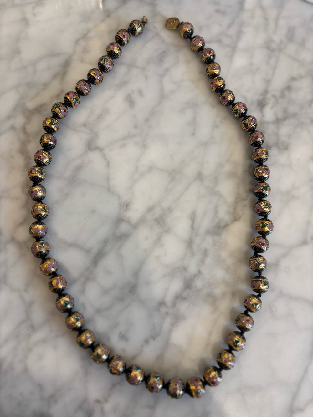 Vintage Chinese Export Hand-Knotted Black Floral Cloisonné Necklace (26")